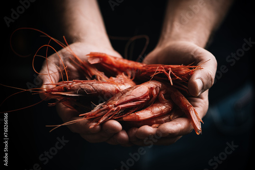 Fisherman holding red Prawns from Mazara Del Vallo. Gambero Rosso
