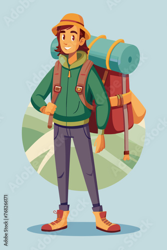 Vector illustration of a backpacker with a lot of stuff on its back.