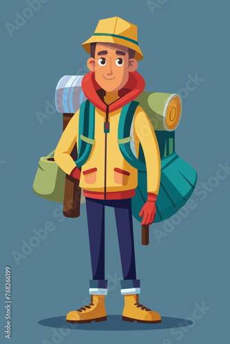 Vector illustration of a backpacker with a lot of stuff on its back.