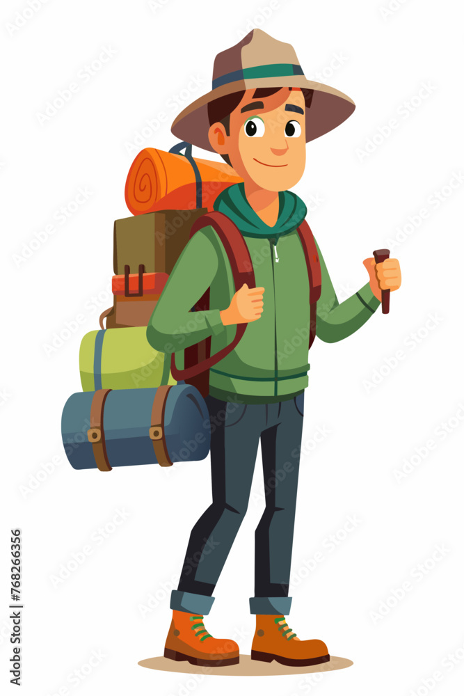 Vector illustration of a backpacker with a lot of stuff on its back. Vector illustration of a backpacker with a lot of stuff on its back.