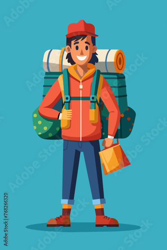 Vector illustration of a backpacker with a lot of stuff on its back.