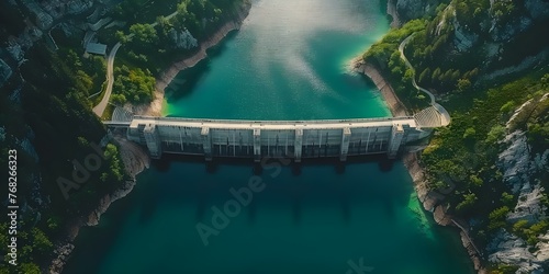 Aerial view of a hydroelectric dam in the Alps mountains with space for text. Concept Hydroelectric Power, Alps Mountains, Aerial View, Dam, Text Space