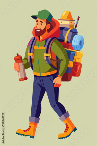 Vector illustration of a backpacker with a lot of stuff on its back.