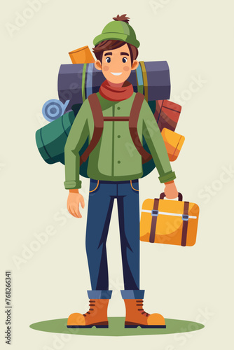 Vector illustration of a backpacker with a lot of stuff on its back.