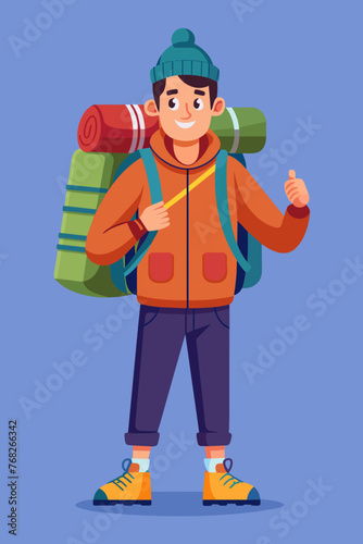 Vector illustration of a backpacker with a lot of stuff on its back.