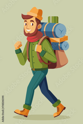 Vector illustration of a backpacker with a lot of stuff on its back.
