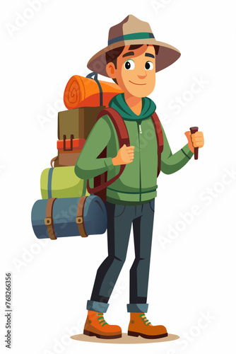 Vector illustration of a backpacker with a lot of stuff on its back.