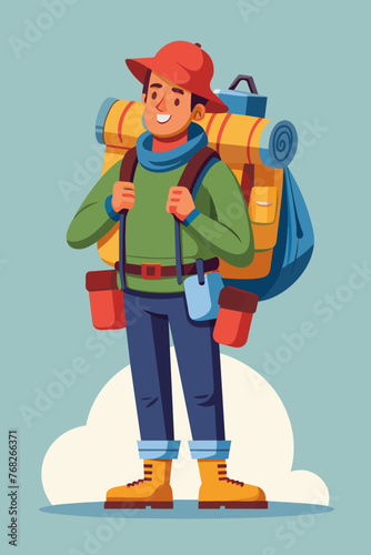 Vector illustration of a backpacker with a lot of stuff on its back.