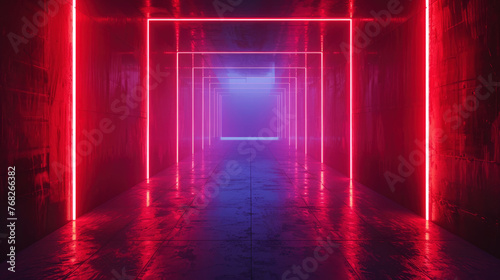 Grungy concrete tunnel with lines of red laser light, abstract dark garage background. Theme of studio, hall, room interior, perspective,