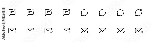 Chat icon set. Chat plus, minus, right, wrong, comment plus, comment minus, comment upload, comment download, chat box, chat, communications. Editable stroke. Vector illustration. 