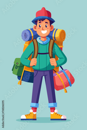 Vector illustration of a backpacker with a lot of stuff on its back.