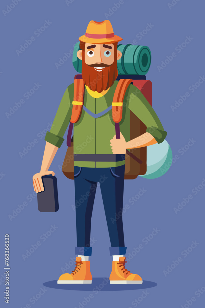 Obraz premium Vector illustration of a backpacker with a lot of stuff on its back.