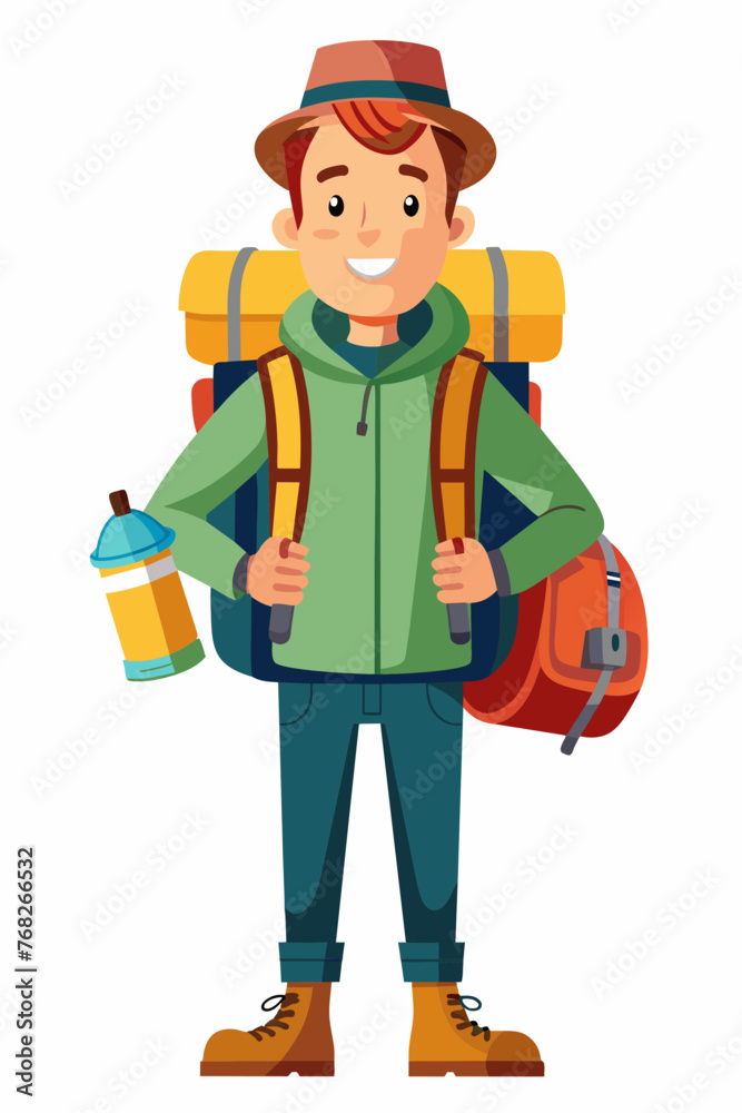 Vector illustration of a backpacker with a lot of stuff on its back. Vector illustration of a backpacker with a lot of stuff on its back.