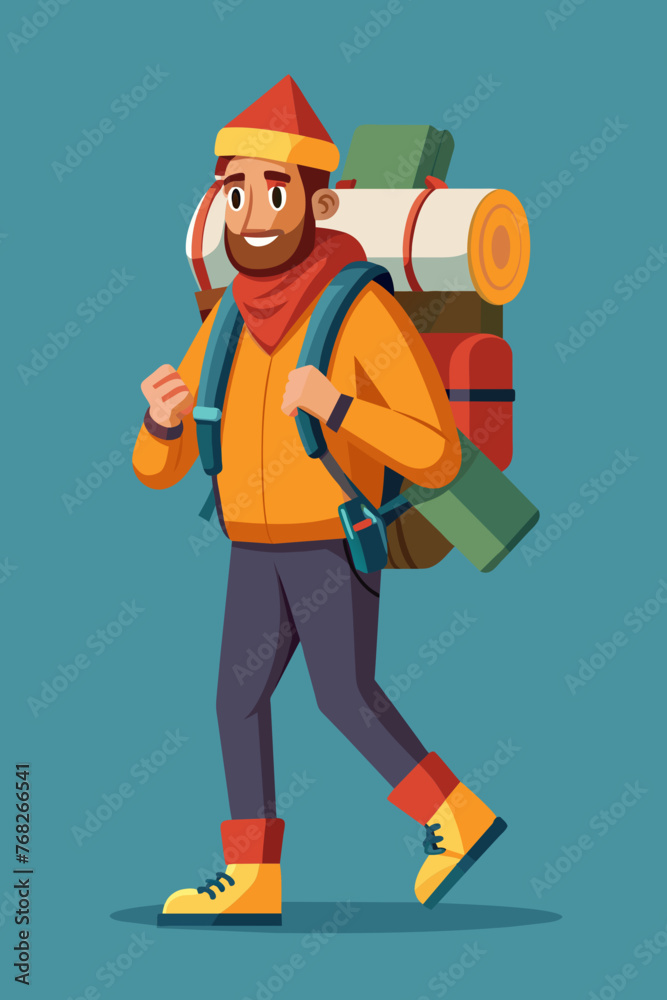 Vector illustration of a backpacker with a lot of stuff on its back. Vector illustration of a backpacker with a lot of stuff on its back.
