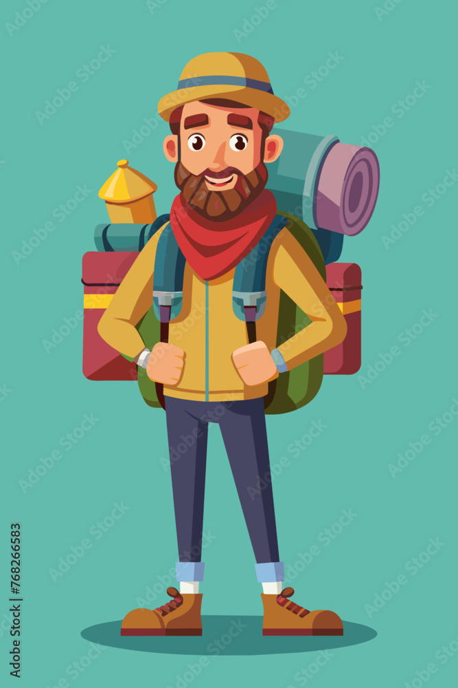 Vector illustration of a backpacker with a lot of stuff on its back. Vector illustration of a backpacker with a lot of stuff on its back.