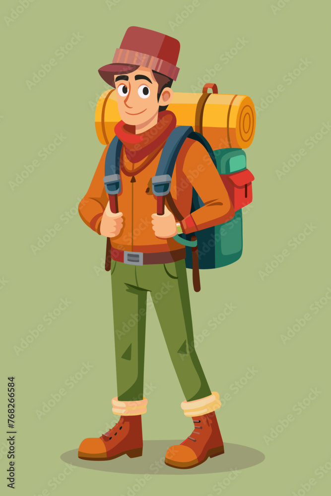 Vector illustration of a backpacker with a lot of stuff on its back.