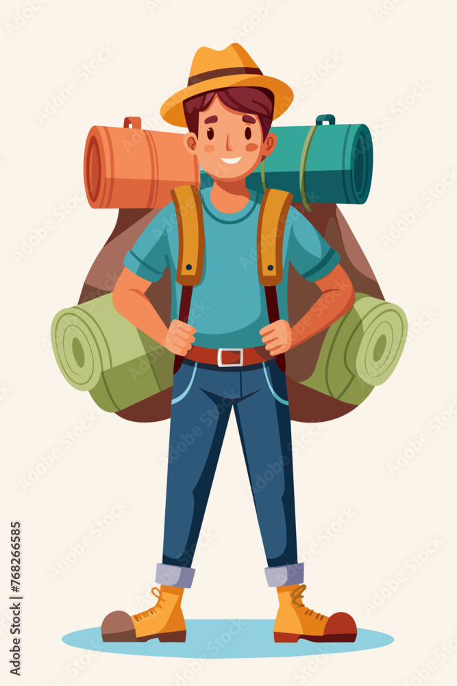 Fototapeta premium Vector illustration of a backpacker with a lot of stuff on its back.