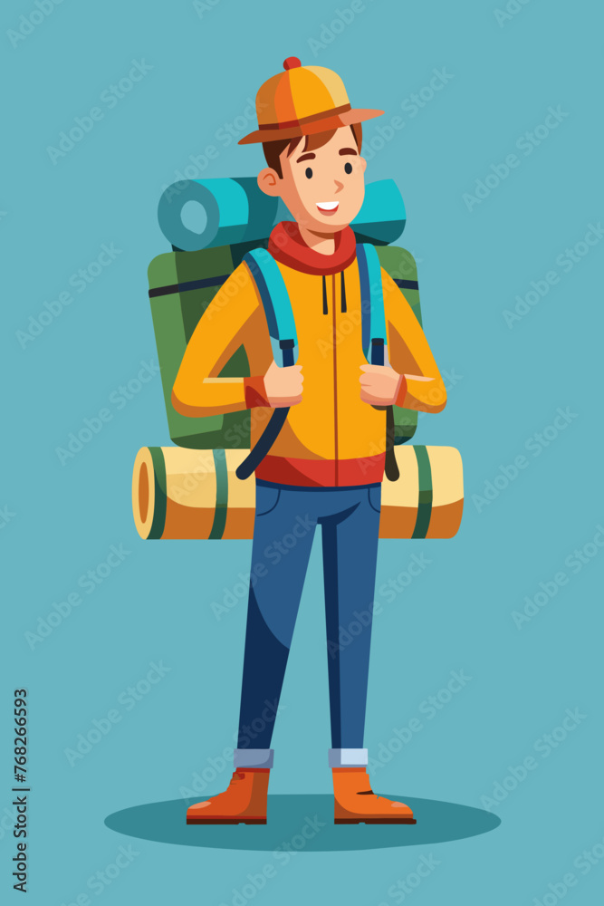 Vector illustration of a backpacker with a lot of stuff on its back. Vector illustration of a backpacker with a lot of stuff on its back.