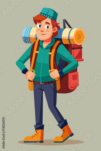 Vector illustration of a backpacker with a lot of stuff on its back.