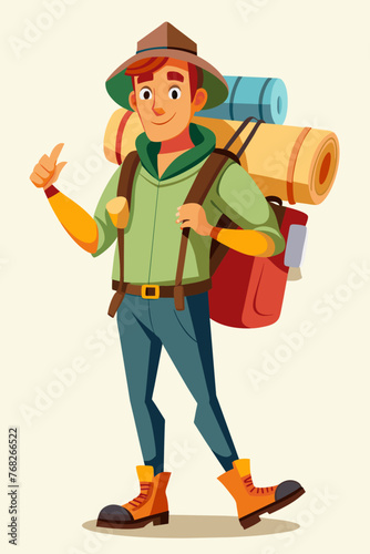Vector illustration of a backpacker with a lot of stuff on its back. © KHF