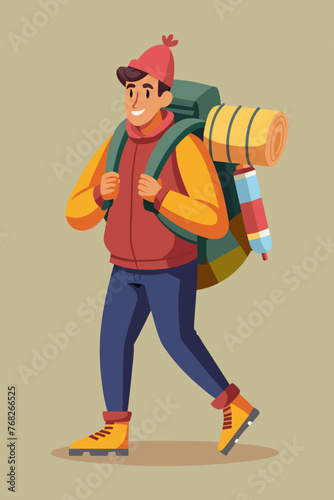 Vector illustration of a backpacker with a lot of stuff on its back.