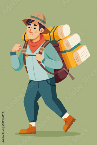 Vector illustration of a backpacker with a lot of stuff on its back.