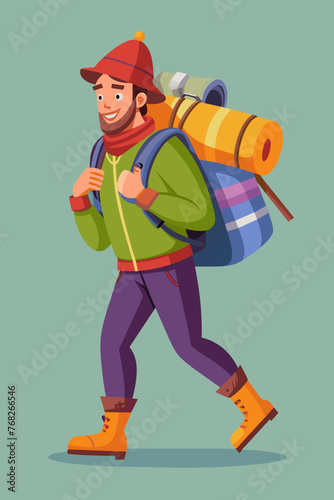 Vector illustration of a backpacker with a lot of stuff on its back.