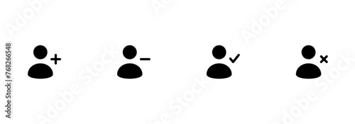 Add and remove user icons. Person icons with plus and minus symbols. Editable stroke. Vector illustration. 