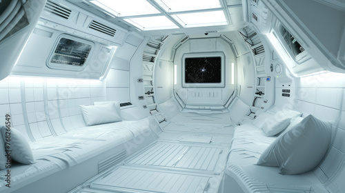 Living room with bed and led light in spaceship, white interior design of starship, inside futuristic spacecraft. Theme of space, technology, future, travel, © Natalya