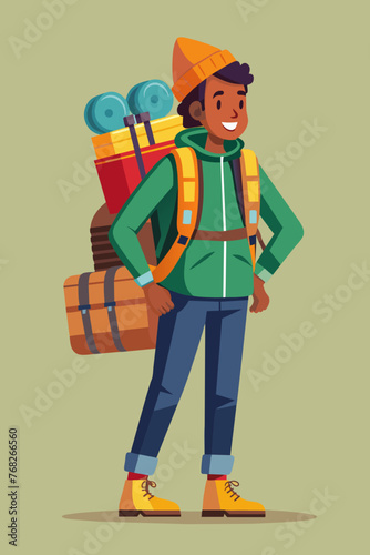 Vector illustration of a backpacker with a lot of stuff on its back.