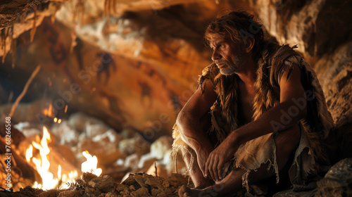 Neanderthal man sits by fire in cave, portrait of caveman near bonfire against primitive art, life of people in prehistoric era. Concept of ancient, Stone Age photo