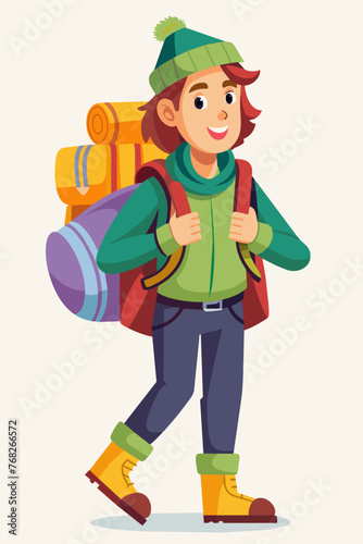 Vector illustration of a backpacker with a lot of stuff on its back.