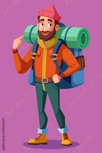 Vector illustration of a backpacker with a lot of stuff on its back.