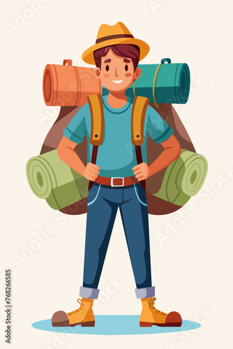 Vector illustration of a backpacker with a lot of stuff on its back.