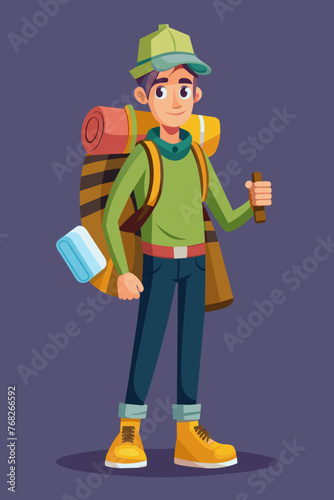 Vector illustration of a backpacker with a lot of stuff on its back.