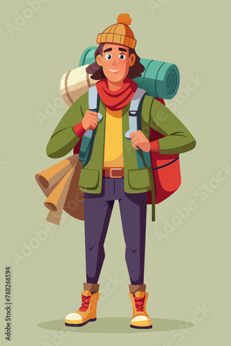 Vector illustration of a backpacker with a lot of stuff on its back.