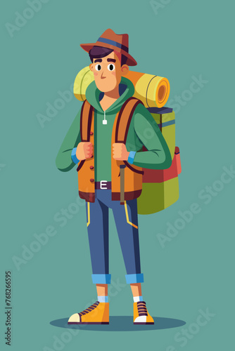 Vector illustration of a backpacker with a lot of stuff on its back.
