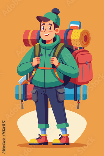 Vector illustration of a backpacker with a lot of stuff on its back.