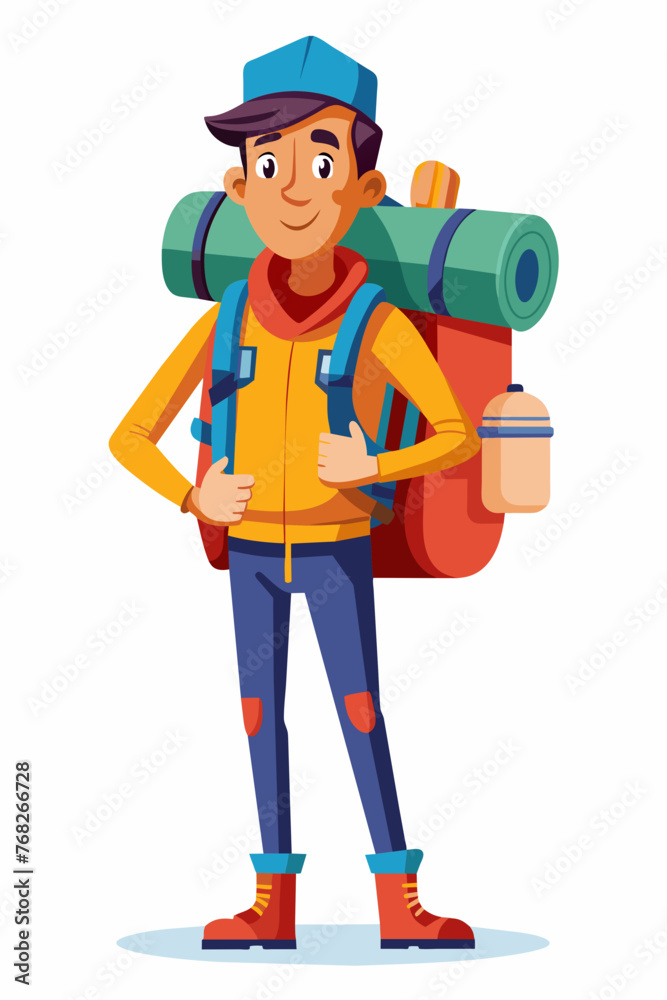 Vector illustration of a backpacker with a lot of stuff on its back. Vector illustration of a backpacker with a lot of stuff on its back.
