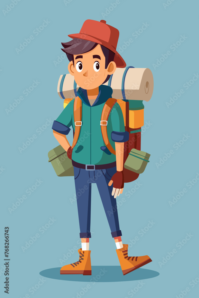 Vector illustration of a backpacker with a lot of stuff on its back.