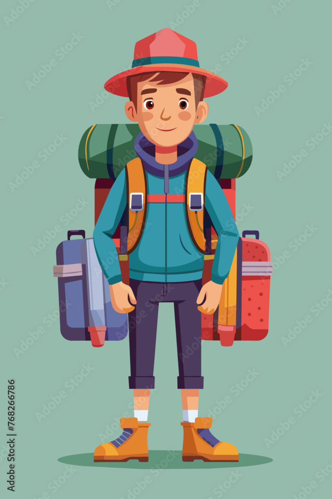 Vector illustration of a backpacker with a lot of stuff on its back.