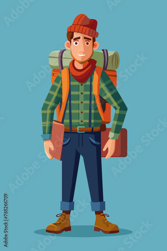 Vector illustration of a backpacker with a lot of stuff on its back.