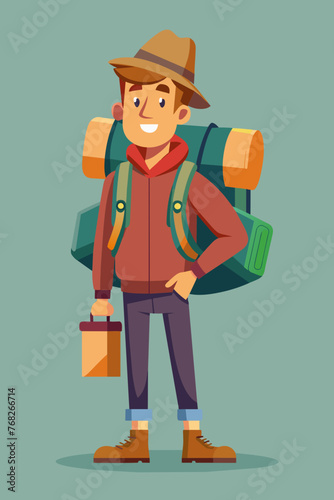 Vector illustration of a backpacker with a lot of stuff on its back.
