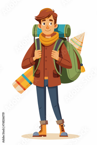 Vector illustration of a backpacker with a lot of stuff on its back.