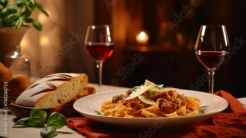 A Picture of a tasty pasta dish, wine on the Table. Cozy and warm atmosphere