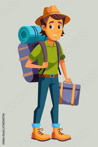 Vector illustration of a backpacker with a lot of stuff on its back.