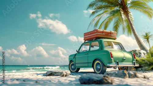 Funny orange retro car with summer vacation accessory on green background 3D Rendering, 3D Illustration