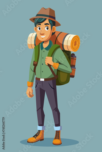 Vector illustration of a backpacker with a lot of stuff on its back.