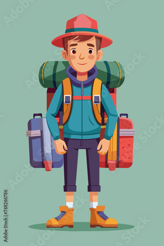 Vector illustration of a backpacker with a lot of stuff on its back.