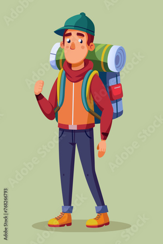 Vector illustration of a backpacker with a lot of stuff on its back.